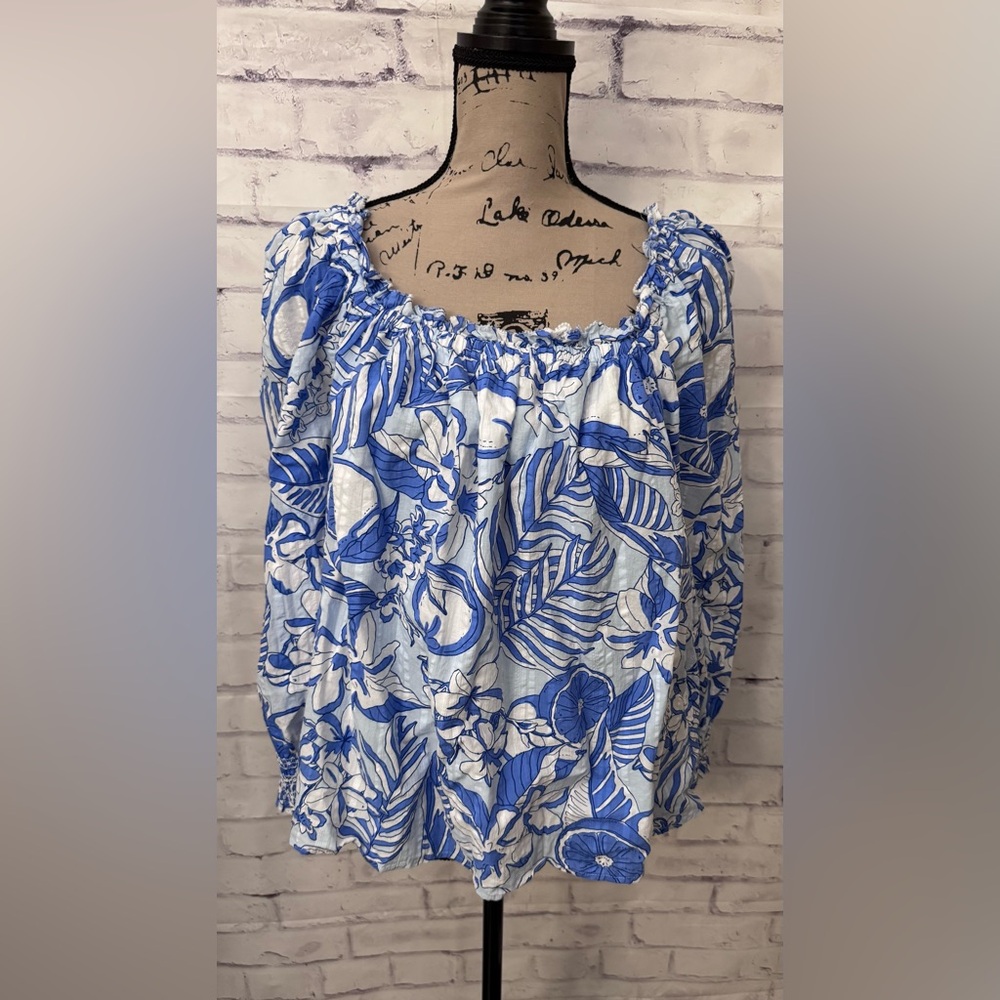 Vineyard Vines Painted Palm Beach Ruffle Blouse Coastal Preppy Old Money Sz Med